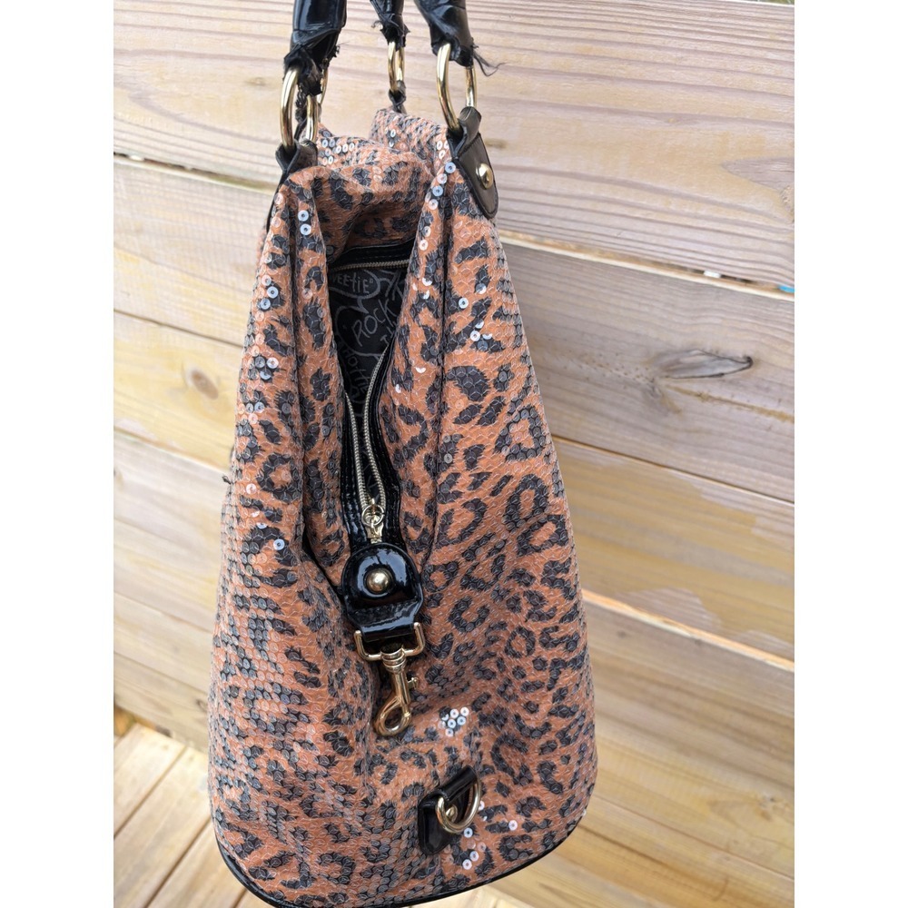 Betsey Johnson Leopard Print Sequin Shoulder Bag Black Patent Trim Gold Hardware - Picture 9 of 15